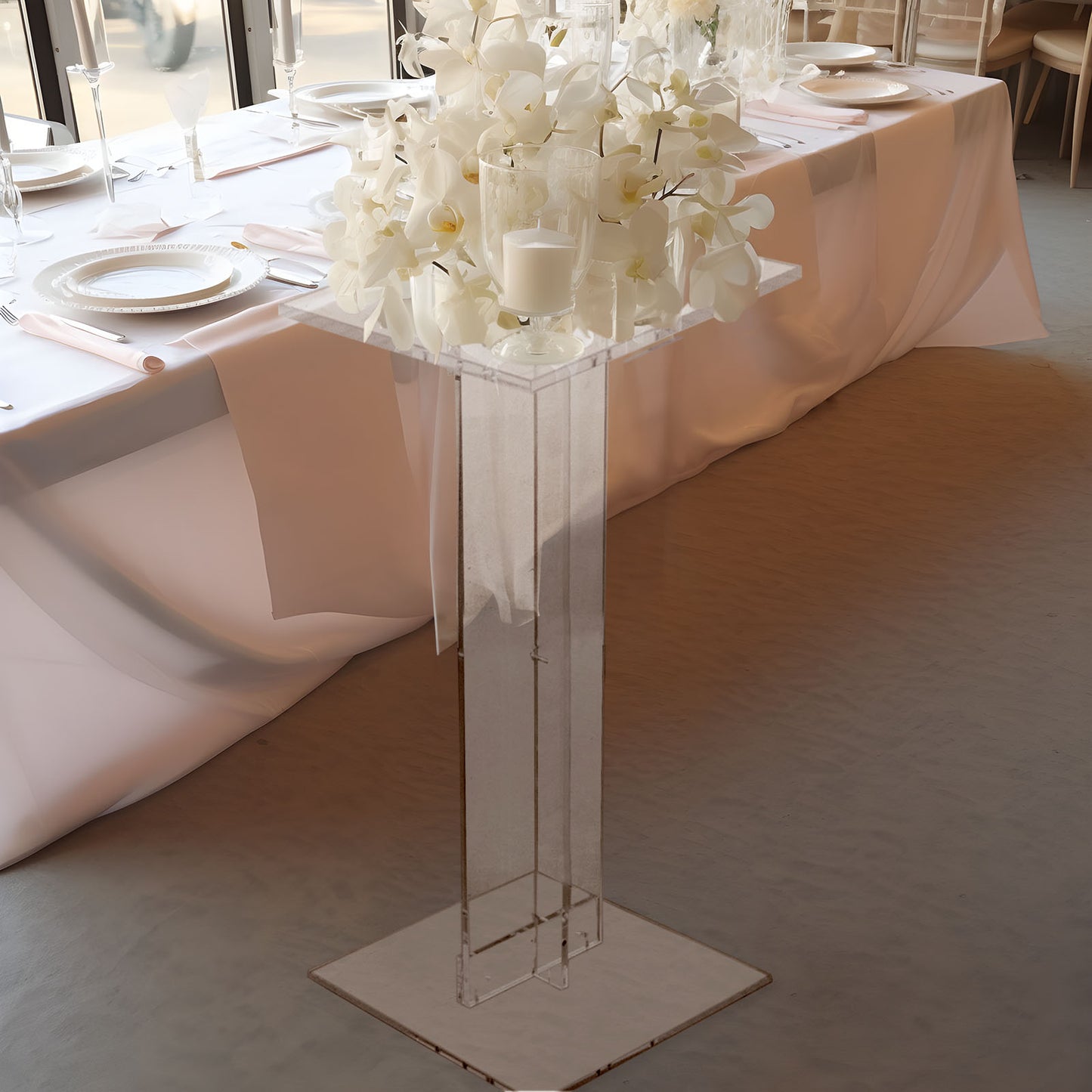 32" Heavy Duty Acrylic Flower Pedestal Stand with Square Bases, Clear Plexiglass Wedding Display Stand - 10mm Thick Plate