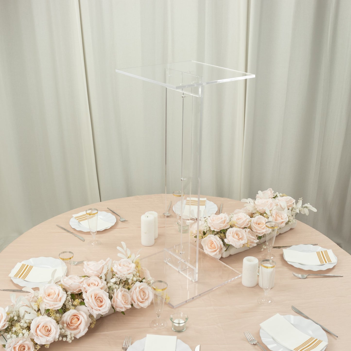 32" Heavy Duty Acrylic Flower Pedestal Stand with Square Bases, Clear Plexiglass Wedding Display Stand - 10mm Thick Plate