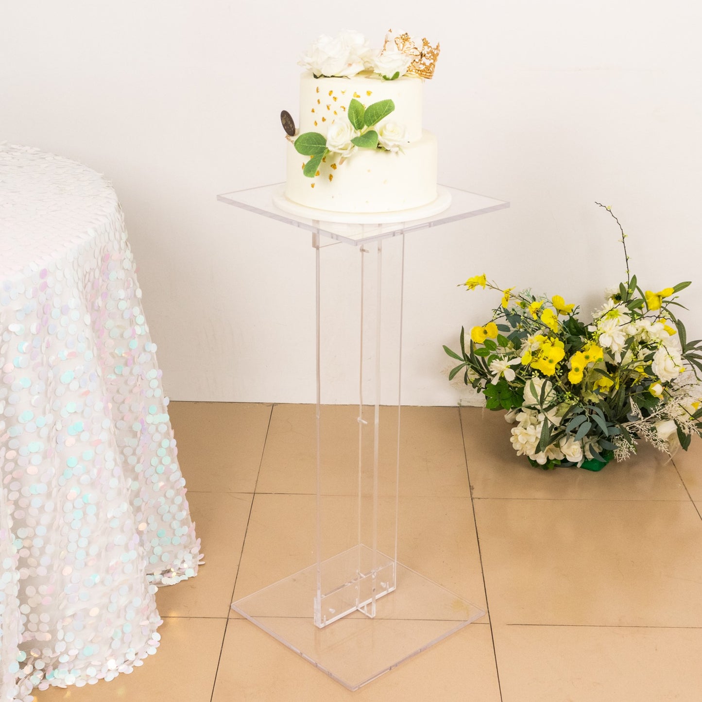 32" Heavy Duty Acrylic Flower Pedestal Stand with Square Bases, Clear Plexiglass Wedding Display Stand - 10mm Thick Plate