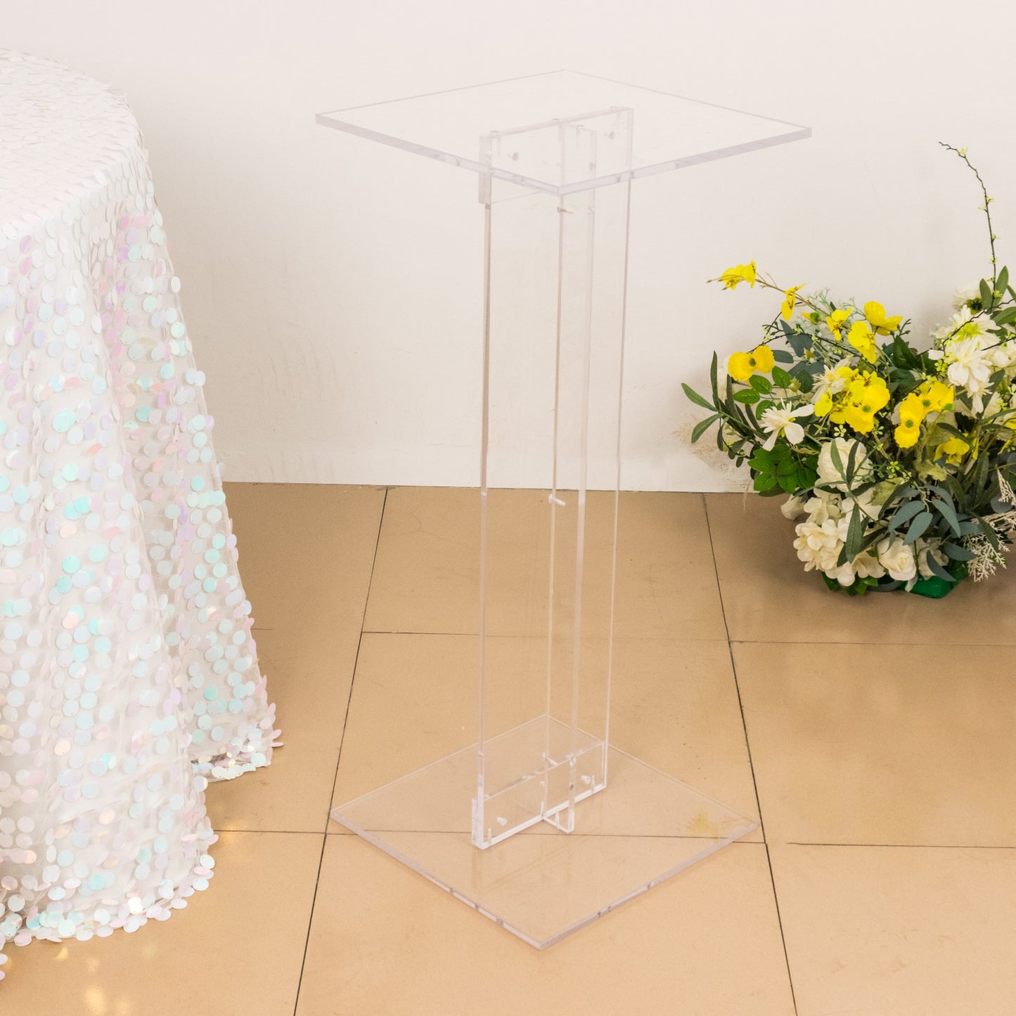 32" Heavy Duty Acrylic Flower Pedestal Stand with Square Bases, Clear Plexiglass Wedding Display Stand - 10mm Thick Plate