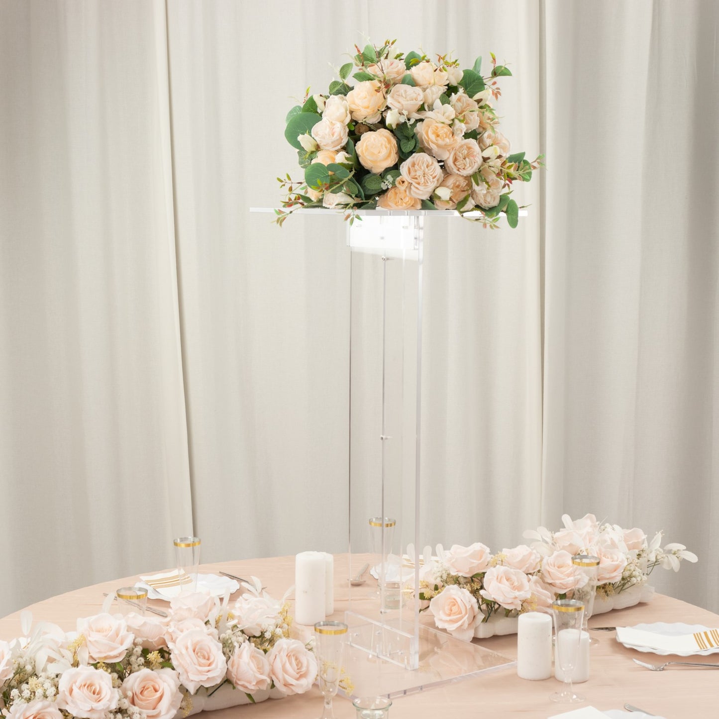 32" Heavy Duty Acrylic Flower Pedestal Stand with Square Bases, Clear Plexiglass Wedding Display Stand - 10mm Thick Plate