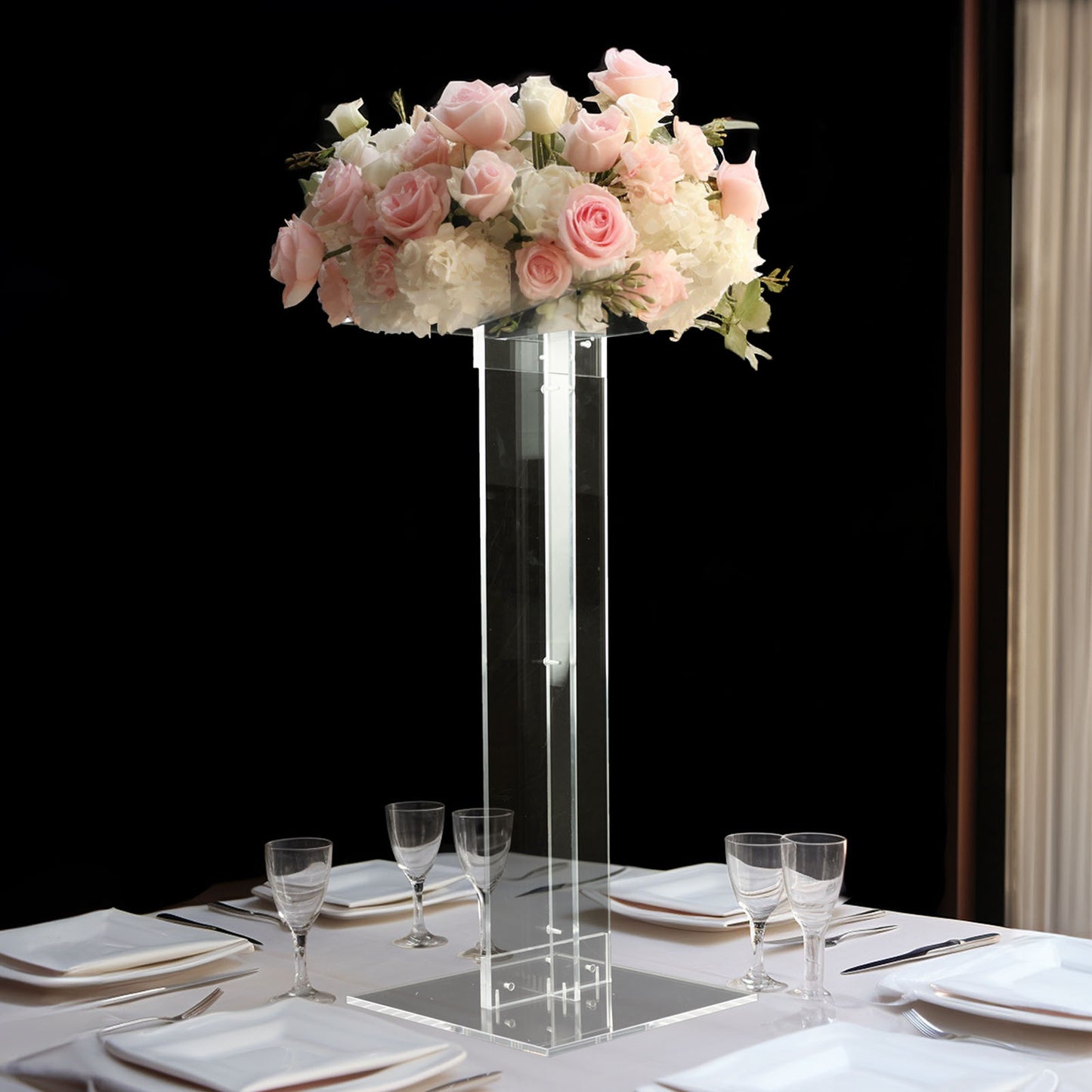 32" Heavy Duty Acrylic Flower Pedestal Stand with Square Bases, Clear Plexiglass Wedding Display Stand - 10mm Thick Plate