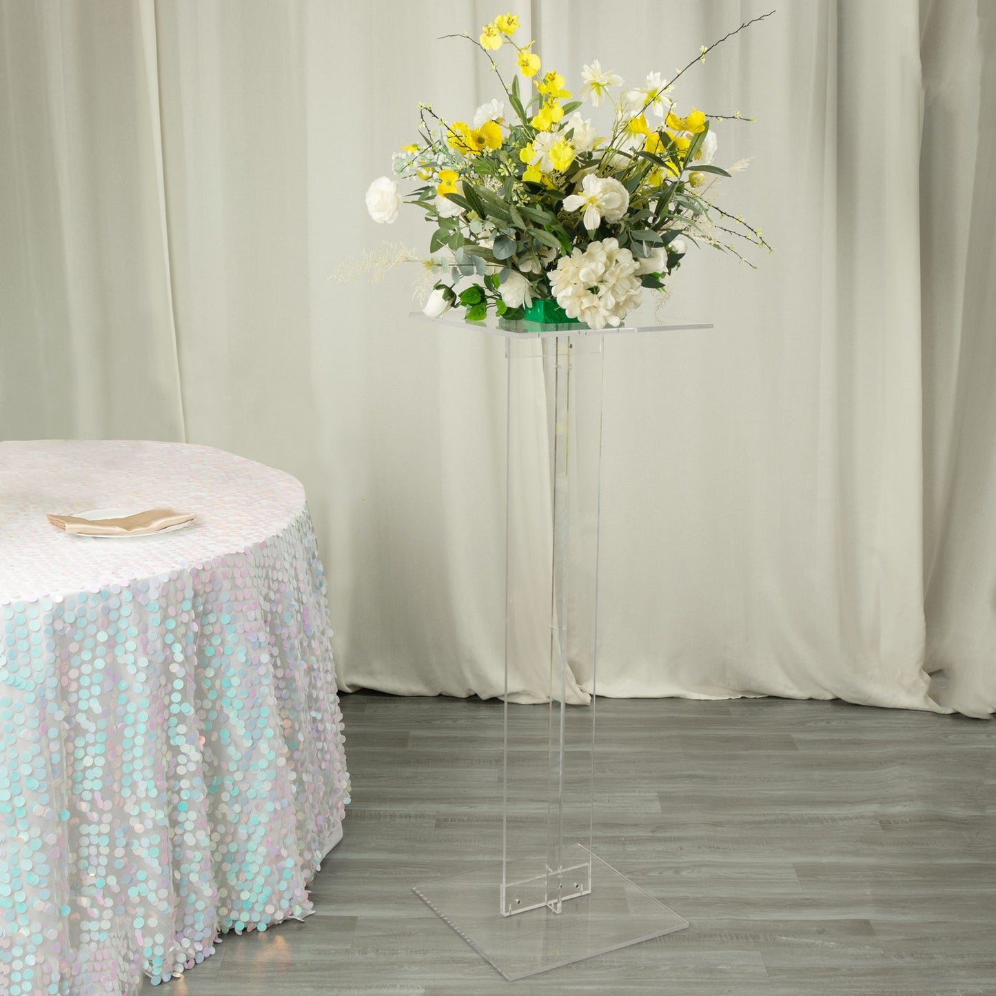 46" Heavy Duty Acrylic Flower Pedestal Stand with Square Bases, Clear Plexiglass Wedding Aisle Display Stands - 10mm Thick Plate