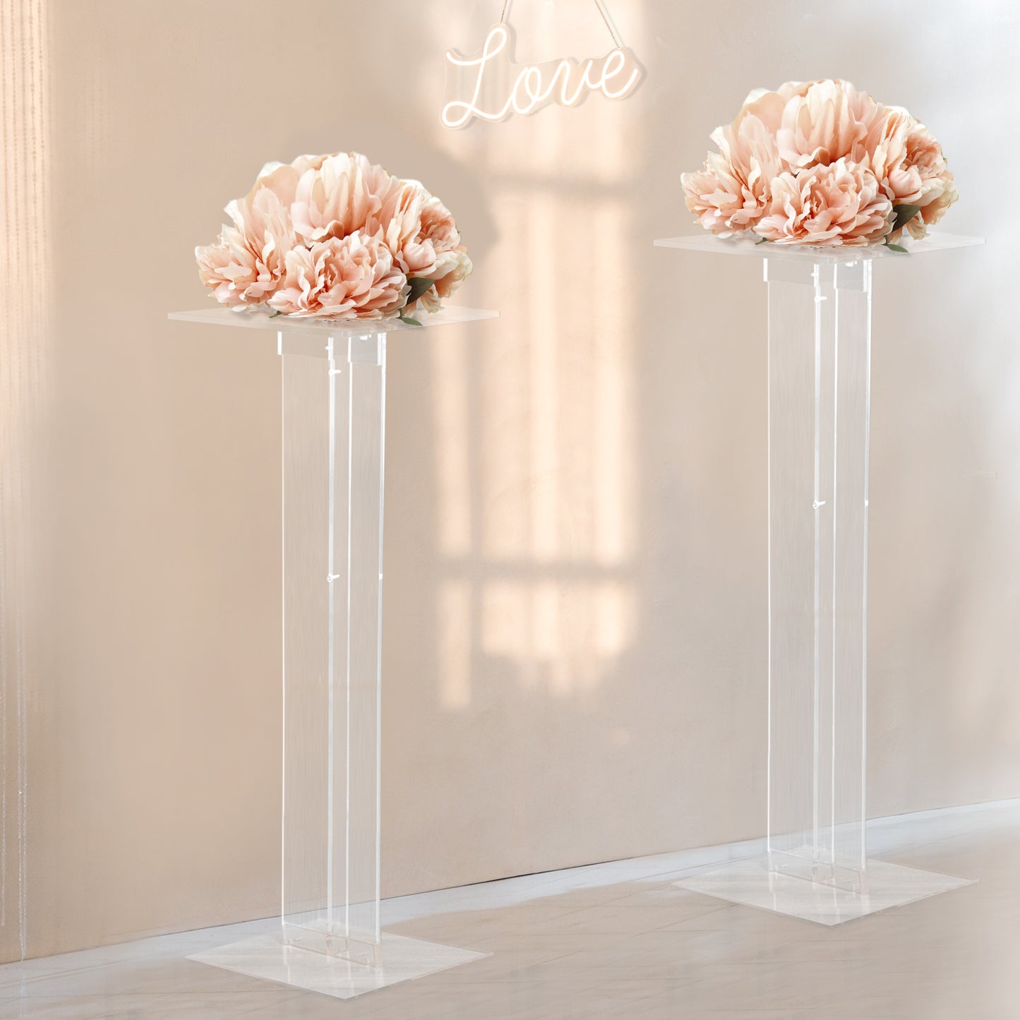 46" Heavy Duty Acrylic Flower Pedestal Stand with Square Bases, Clear Plexiglass Wedding Aisle Display Stands - 10mm Thick Plate