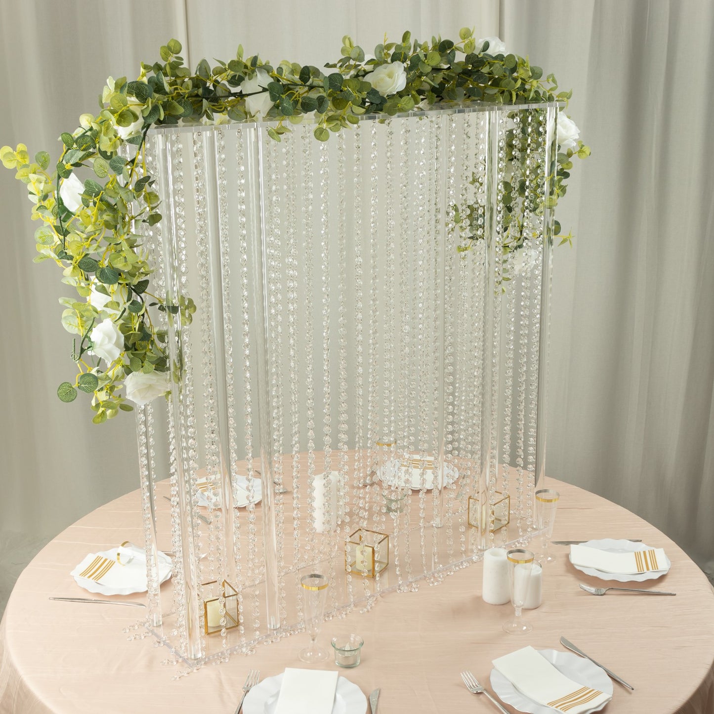 40"x40" Heavy Duty Acrylic Rectangular Flower Pedestal Stand with Pre-chained Hanging Crystal Beads, Clear Tabletop or Floor Standing Wedding Centerpiece with 10mm Thick Plexiglass Plate