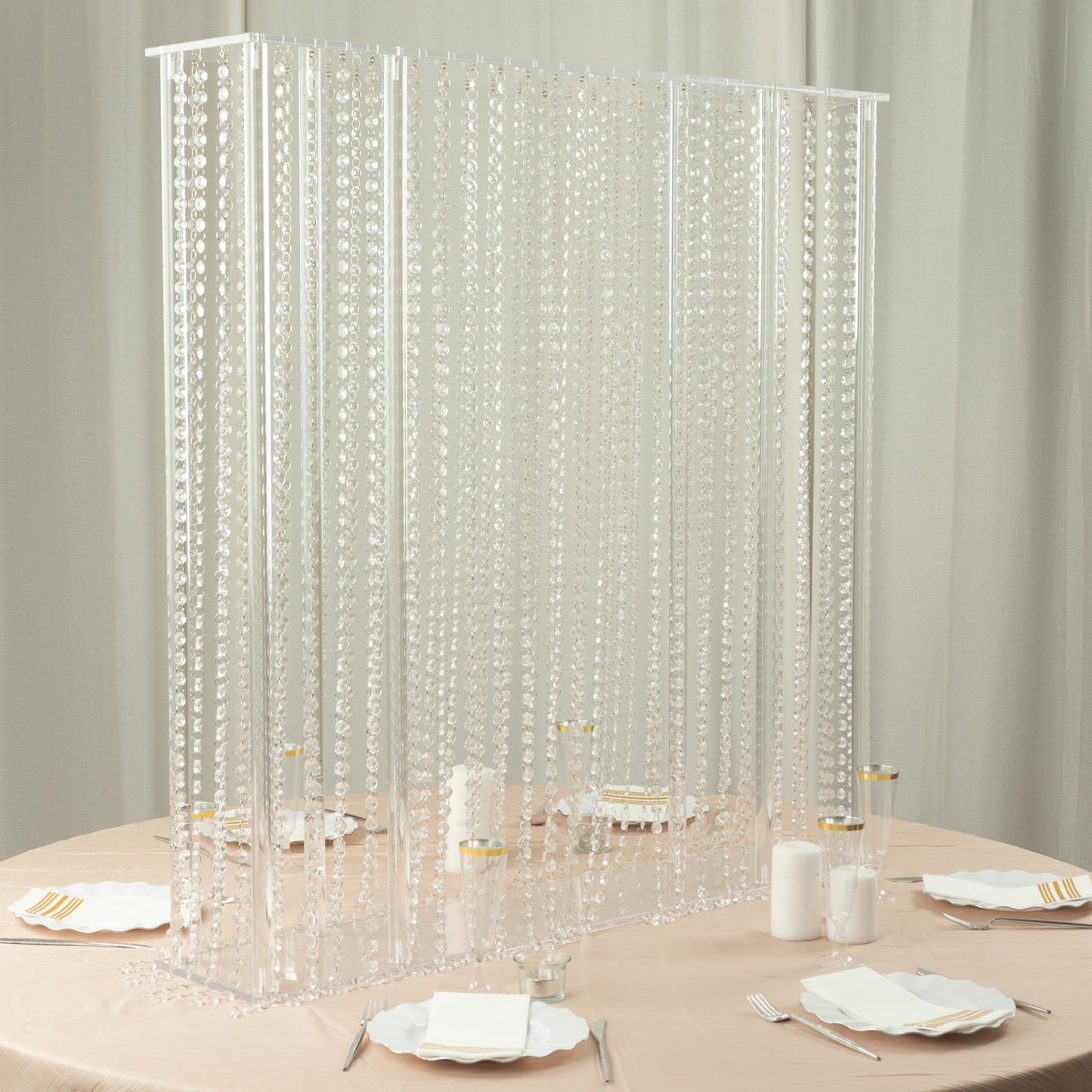 40"x40" Heavy Duty Acrylic Rectangular Flower Pedestal Stand with Pre-chained Hanging Crystal Beads, Clear Tabletop or Floor Standing Wedding Centerpiece with 10mm Thick Plexiglass Plate