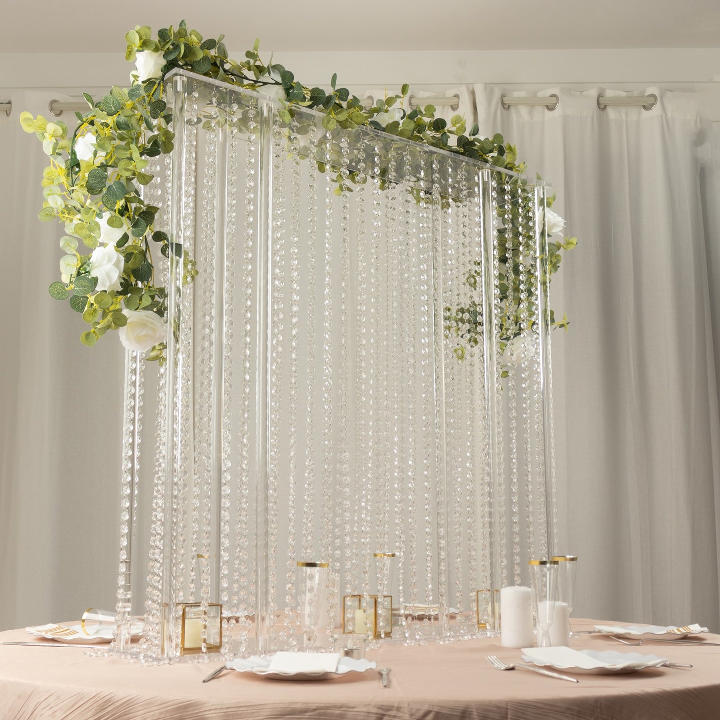 40"x40" Heavy Duty Acrylic Rectangular Flower Pedestal Stand with Pre-chained Hanging Crystal Beads, Clear Tabletop or Floor Standing Wedding Centerpiece with 10mm Thick Plexiglass Plate