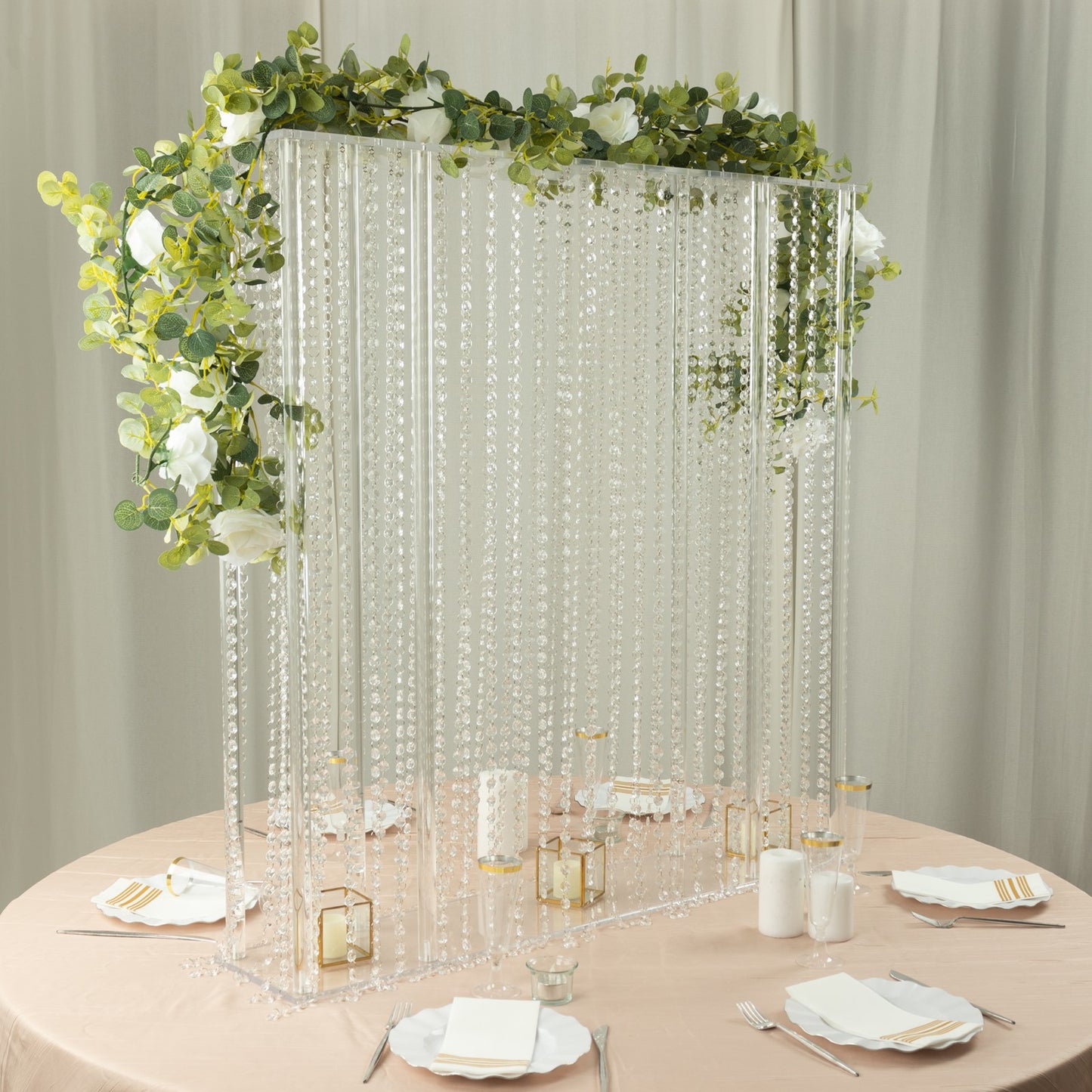 40"x40" Heavy Duty Acrylic Rectangular Flower Pedestal Stand with Pre-chained Hanging Crystal Beads, Clear Tabletop or Floor Standing Wedding Centerpiece with 10mm Thick Plexiglass Plate