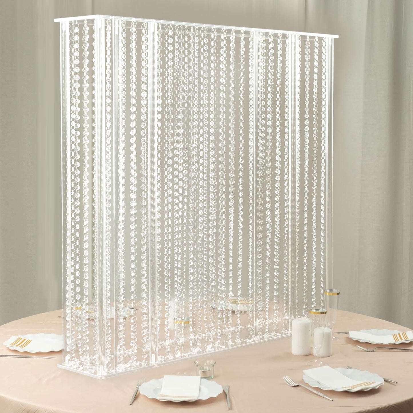 40"x40" Heavy Duty Acrylic Rectangular Flower Pedestal Stand with Pre-chained Hanging Crystal Beads, Clear Tabletop or Floor Standing Wedding Centerpiece with 10mm Thick Plexiglass Plate