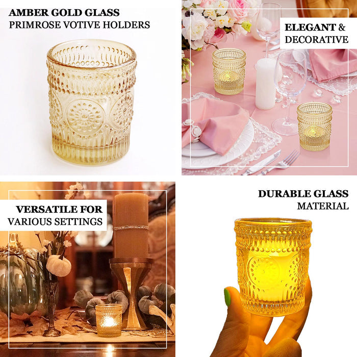 6 Pack Amber Gold Glass Primrose Candle Holders, Votive Tealight Holders