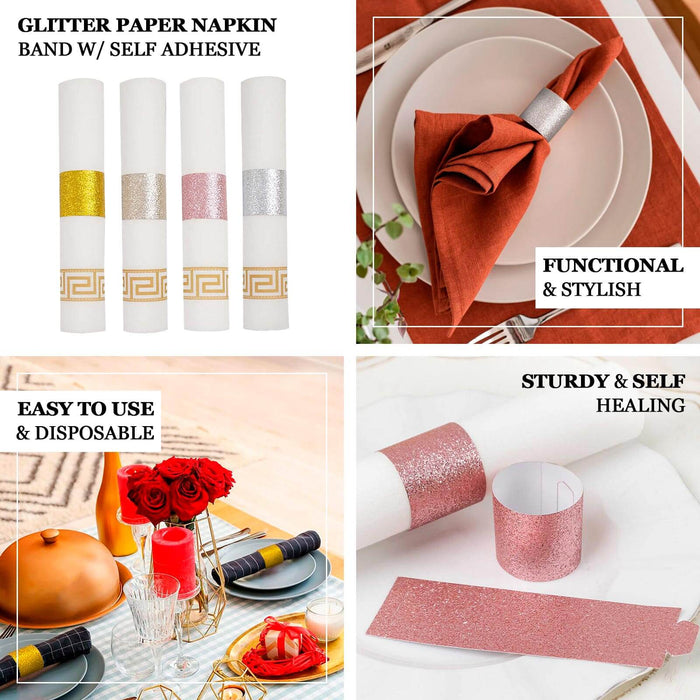 50 Pack Beige Glitter Paper Napkin Holders, 1.5" Disposable Napkin Rings