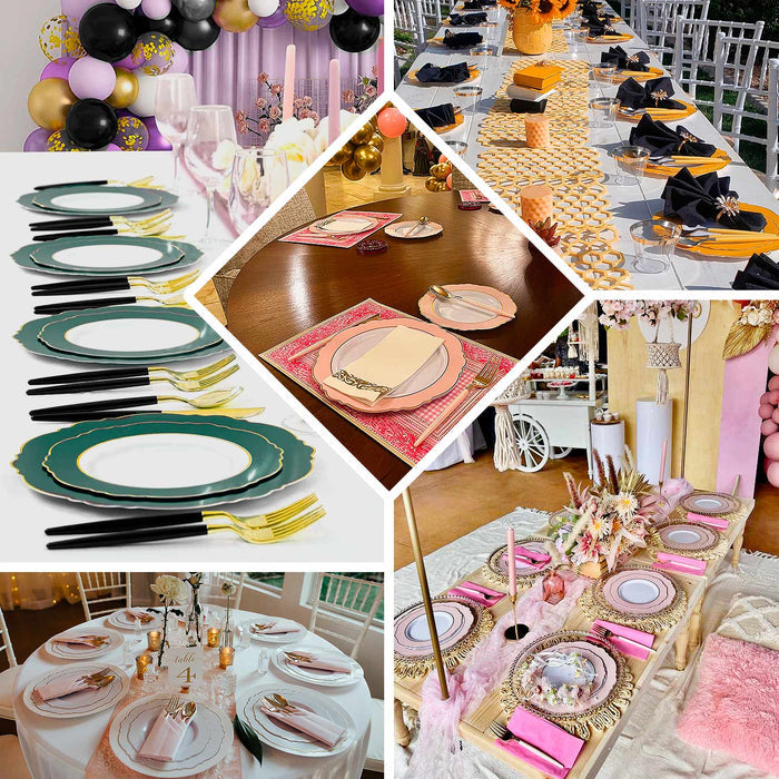 Blush white disposable dinner plates with gold rim and round blossom design.