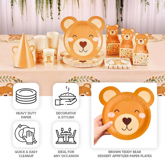 25 Pack Brown Teddy Bear Dessert Salad Paper Plates, 7" Round Animal Print Disposable Baby Shower Birthday Party Plates - 300GSM