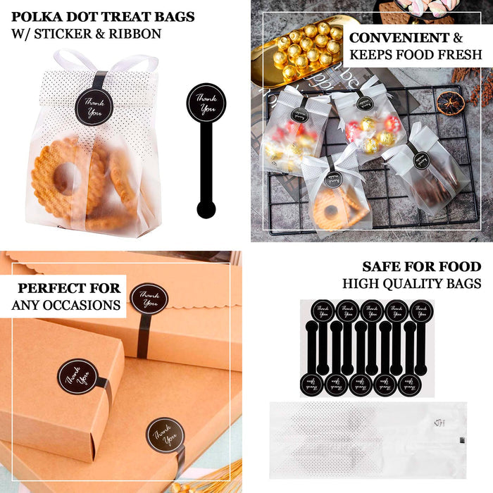 Clear black dotted plastic goodie gift bags with "Thank You" stickers.