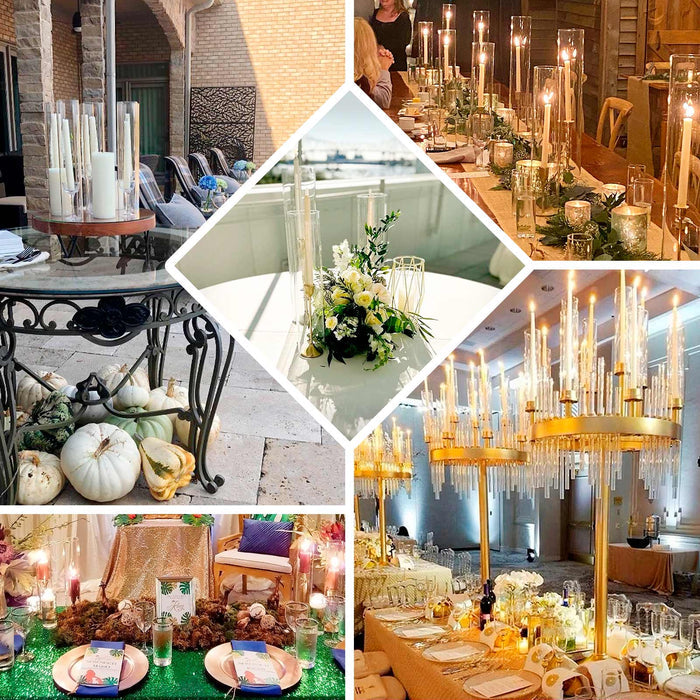 Clear glass candelabra candle holders with open ends on elegant tables.
