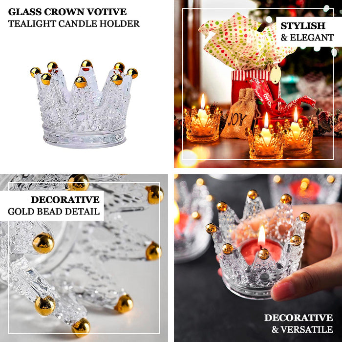 6 Pack Clear Crystal Glass Crown Tea Light Votive Candle Holders With Gold Beaded Tips - 3"x2"