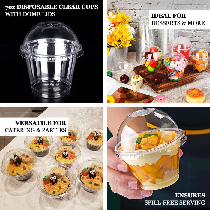 50 Pack Clear Dome Lid Disposable Ice Cream Fruit Cups, 7oz Plastic Pudding Dessert Parfait Cups