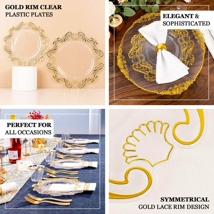 10 Pack Clear Gold European Style Disposable Dinner Plates With Scalloped Rim, Vintage Baroque Plastic Party Plates - 10"