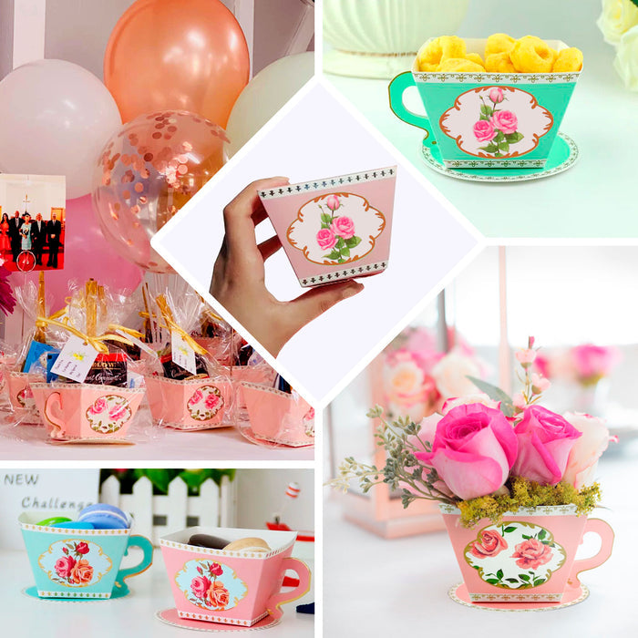 25 Pack Dusty Rose Mini Teacup and Saucer Party Favor Boxes with Rose Floral Print, Tea Time Candy Boxes - 4"x3"