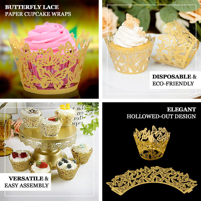 25 Pack Gold Butterfly Lace Pattern Paper Cupcake Wrappers, 3" Round Muffin Liner Cups