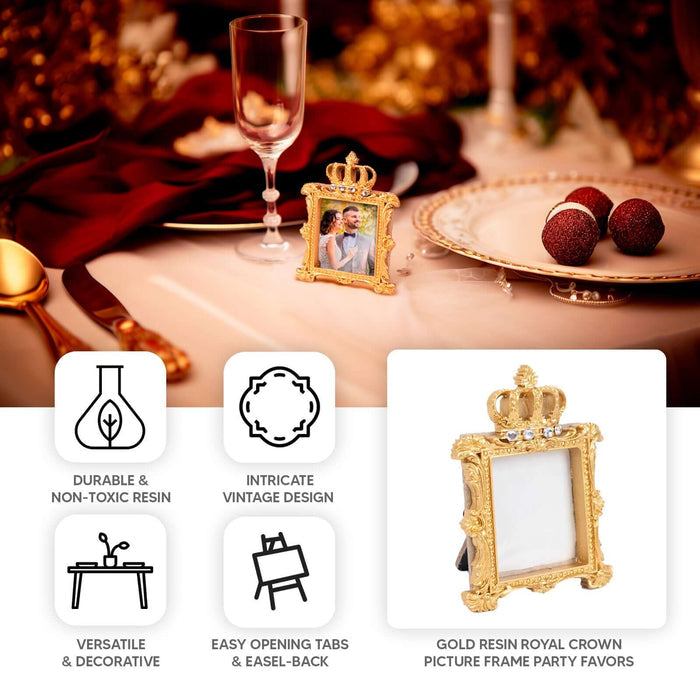 4 Pack Gold Resin Royal Crown Square Picture Frame Party Favors, 3.5" Vintage Wedding Place Card Holders