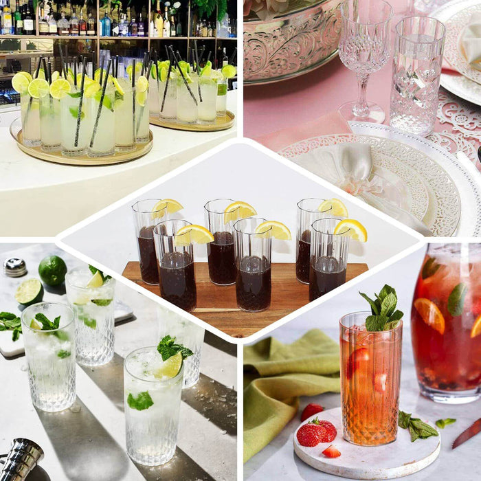 6 Pack 14oz Green Crystal Cut Reusable Plastic Cocktail Tumbler Cups, Shatterproof Tall Highball Drink Glasses