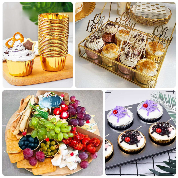 Metallic gold foil baking cups for desserts and muffins, 48-pack.