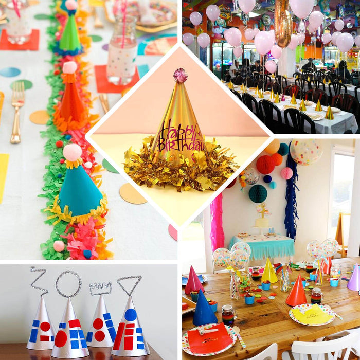 Mixed metallic foil cone party hats in vibrant colors for festive celebrations.