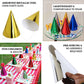 Mixed metallic foil cone party hats in gold, red, green, and blue.