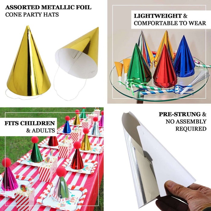 Mixed metallic foil cone party hats in gold, red, green, and blue.
