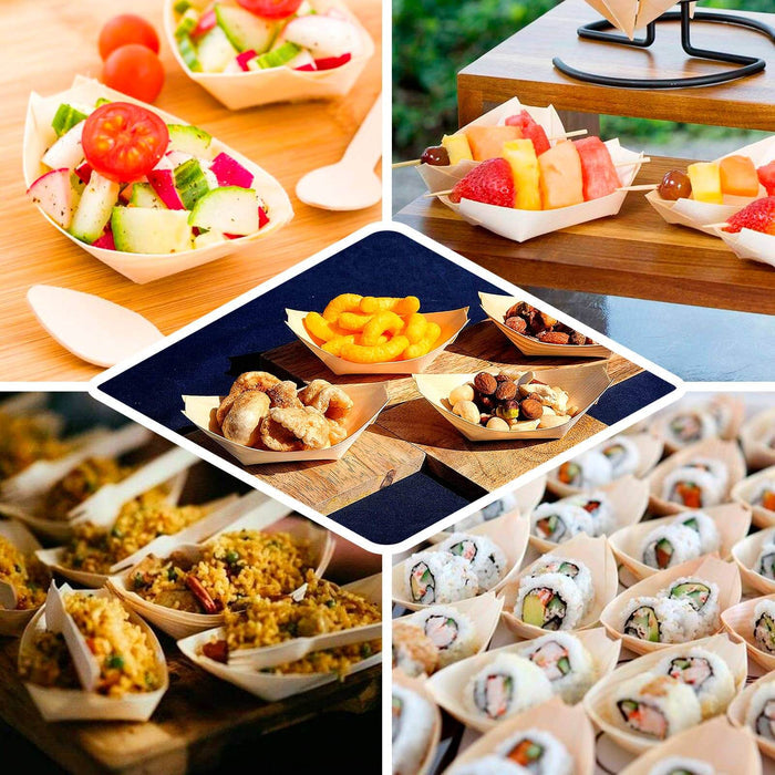 Natural biodegradable wooden boat-shaped food plates for serving snacks.