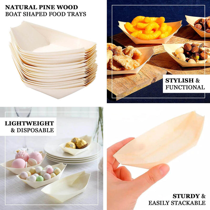 Natural biodegradable wooden boat-shaped food plates in light beige.