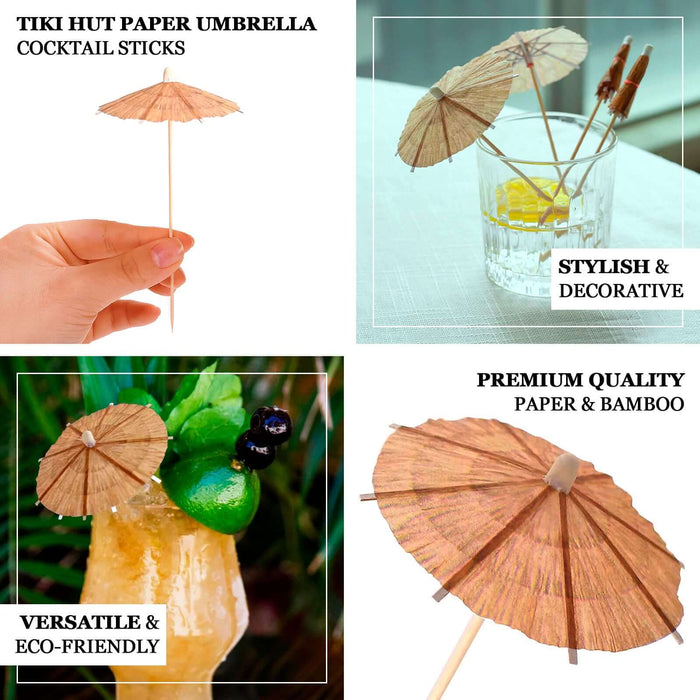 50 Pack Natural Eco Friendly Tiki Hut Paper Umbrella Cocktail Picks, 6" Biodegradable Bamboo Skewers Cocktail Sticks