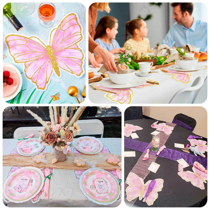 10 Pack Pink Gold Glitter Butterfly Disposable Table Mats, 14" Cardboard Paper Placemats - 400GSM