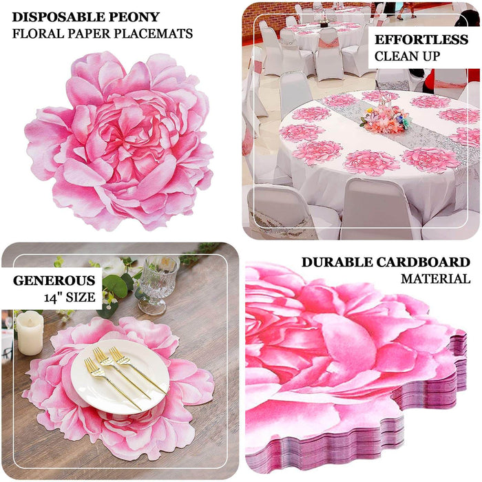 10 Pack Pink Peony Flower Disposable Table Mats, 14" Cardboard Paper Floral Placemats - 400GSM