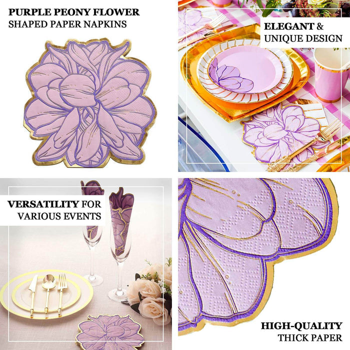 20 Pack Purple Peony Flower Shaped Paper Cocktail Napkins with Gold Edges, Disposable Party Beverage Napkins