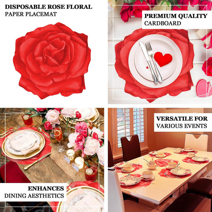 10 Pack Red Rose Flower Disposable Table Mats, 14" Floral Cardboard Paper Placemats - 400GSM