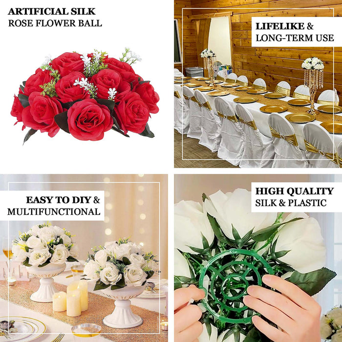 Red silk rose flower ball centerpiece arrangements for events.