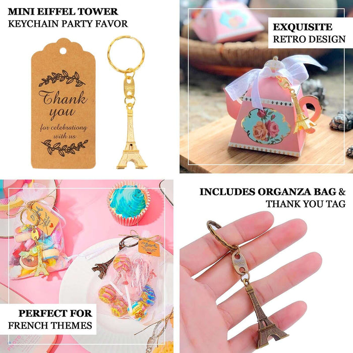 Silver Eiffel Tower keychain wedding favors with thank you tag, perfect for bridal showers.