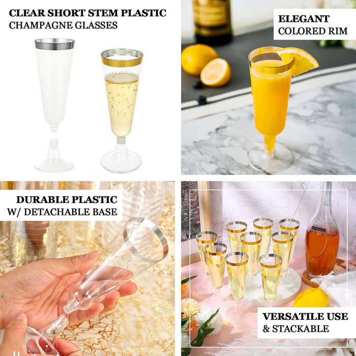 12 Pack Clear Disposable Champagne Flutes with Silver Rim, 5oz Transparent Plastic Toasting Cocktail Wine Glasses with Detachable Base - 6.25"