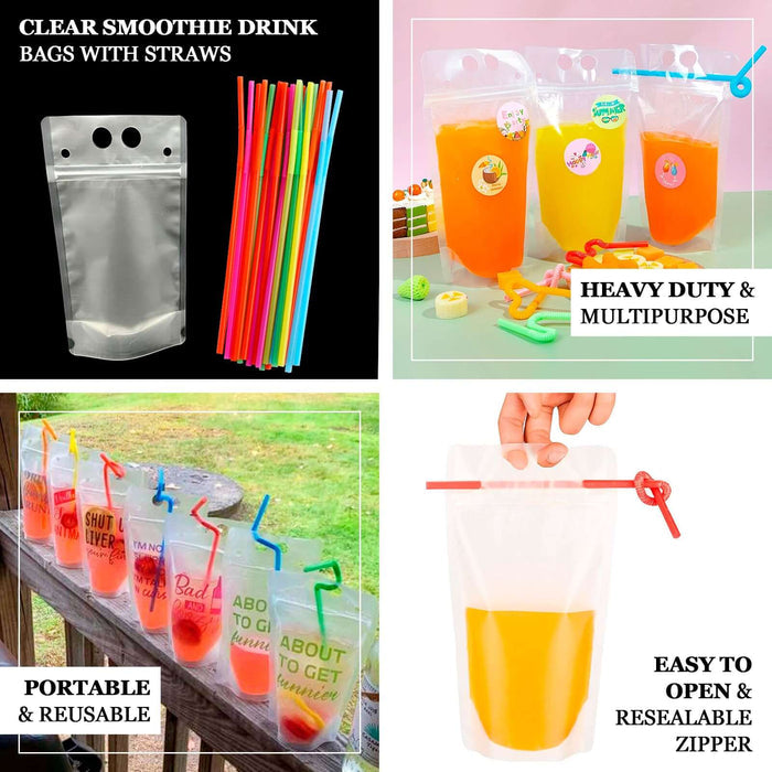 50 Pack Translucent Stand-Up Plastic Smoothie Drink Bags with Straws, 12oz Reusable Hand-Held Zipper Juice Pouches