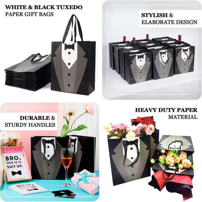 12 Pack White Black Tuxedo Paper Party Favor Goodie Bags With Satin Handles, Reusable Wedding Gift Tote Bags - 8"x9"