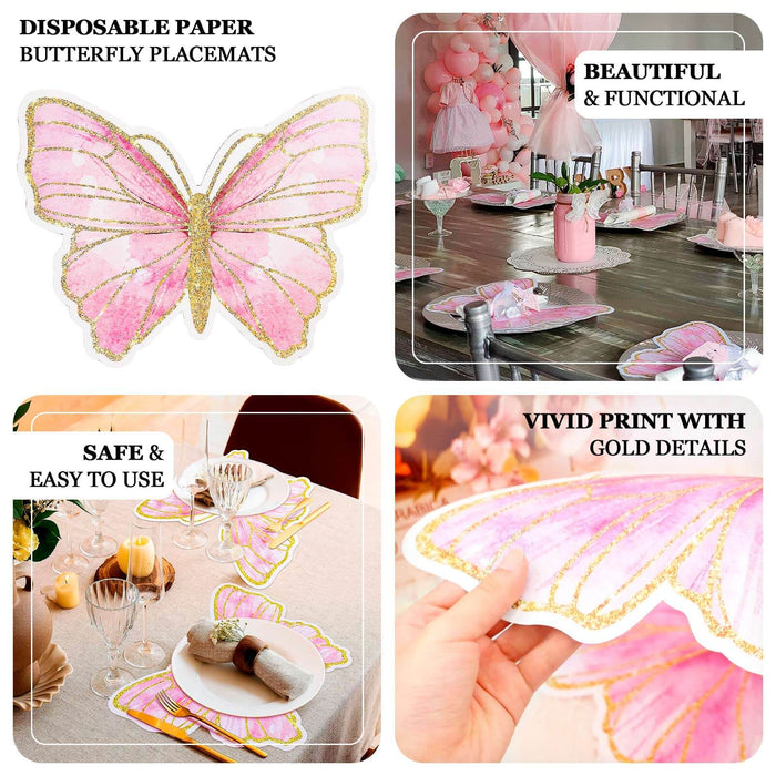 10 Pack White Gold Glitter Butterfly Disposable Table Mats, 14" Cardboard Paper Placemats - 400GSM