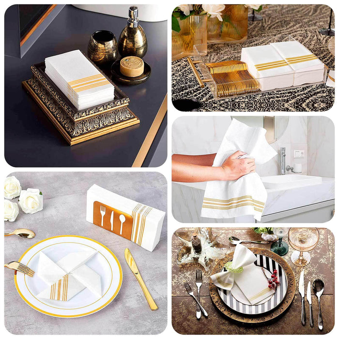 20 Pack White Gold Soft Linen-Feel Paper Napkins With Gold Lines, Highly Absorbent Disposable Airlaid Dinner Napkins - 8"x4"