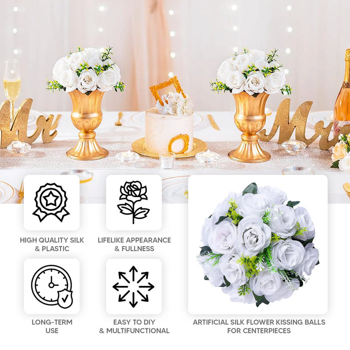 White artificial silk flower kissing balls for centerpieces.