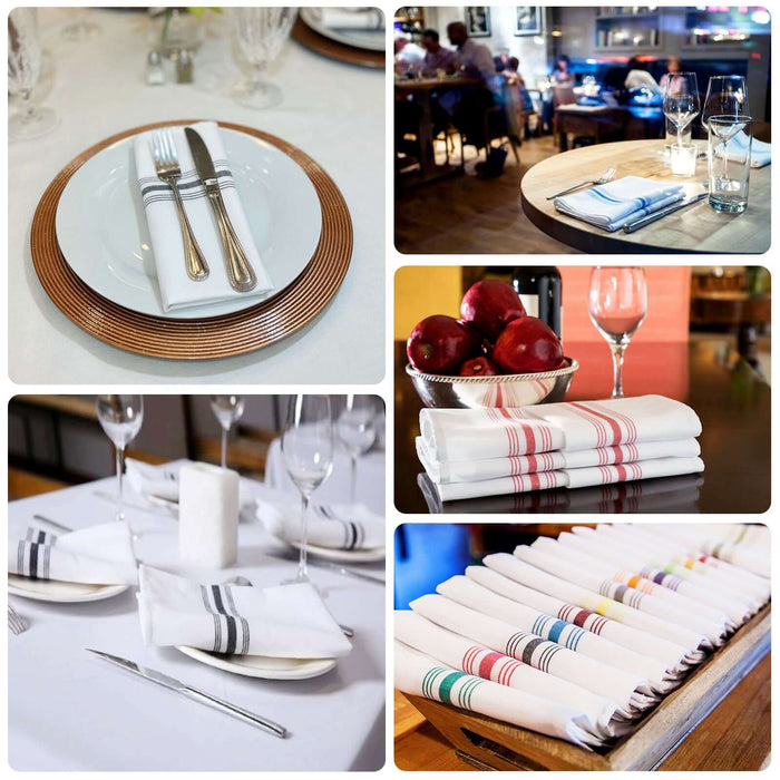 10 Pack Black Spun Polyester Cloth Napkins with White Reverse Stripes, Premium Restaurant Quality Bistro Napkins - 18"x22"