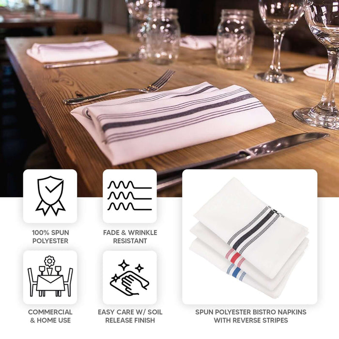 10 Pack Black Spun Polyester Cloth Napkins with White Reverse Stripes, Premium Restaurant Quality Bistro Napkins - 18"x22"