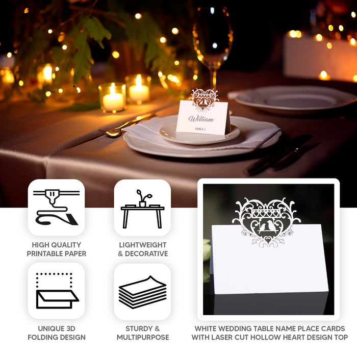 50 Pack White Wedding Table Number Cards with Laser Cut Hollow Heart Design Top, Printable Reservation Seating Name Place Cards - 210 GSM