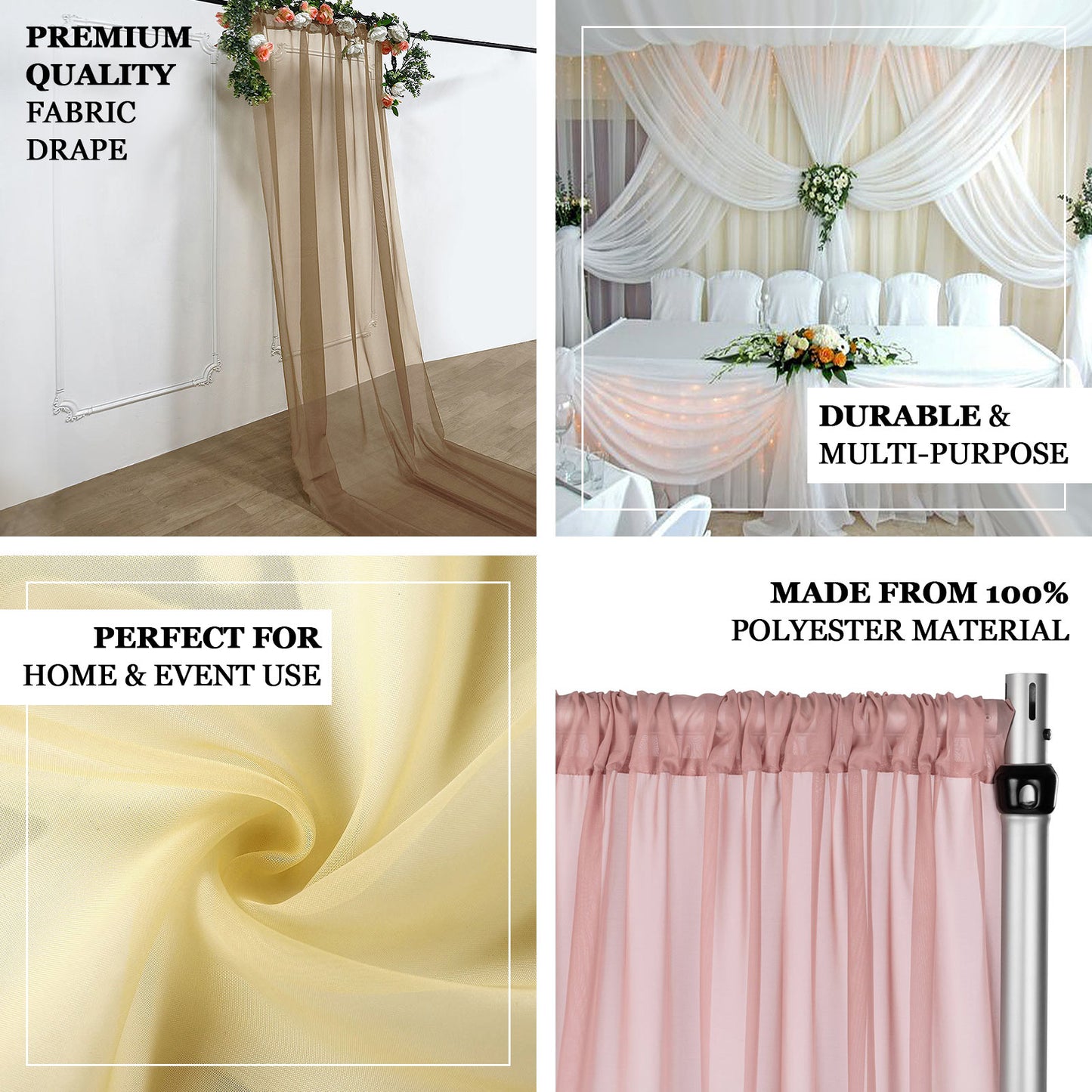 Terracotta chiffon curtain panel, durable flame-resistant backdrop drapery.