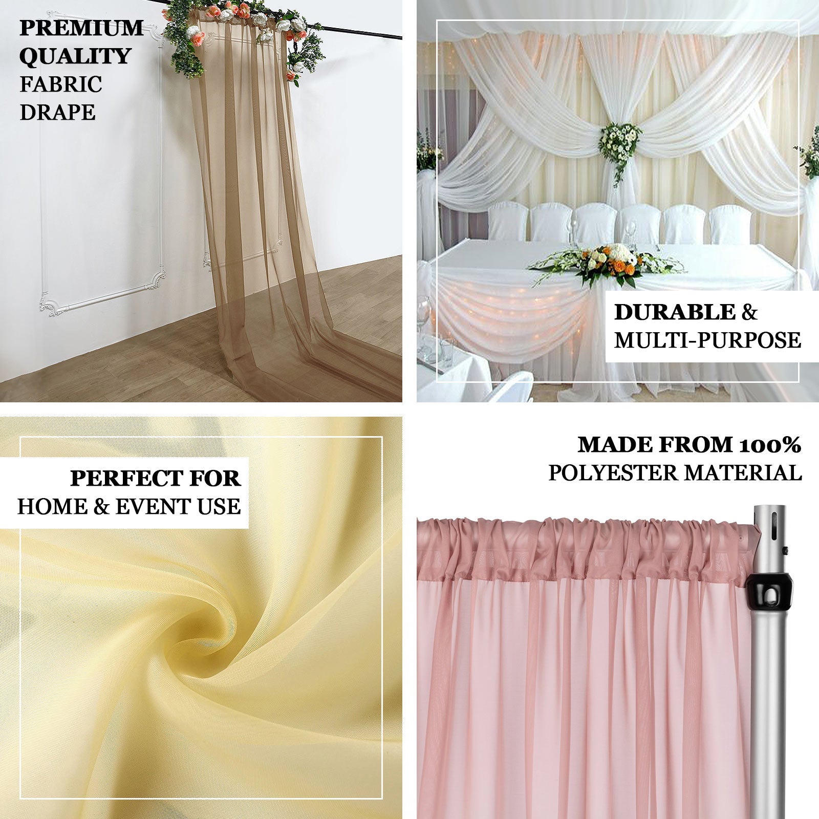 Terracotta chiffon curtain panel, durable flame-resistant backdrop drapery.